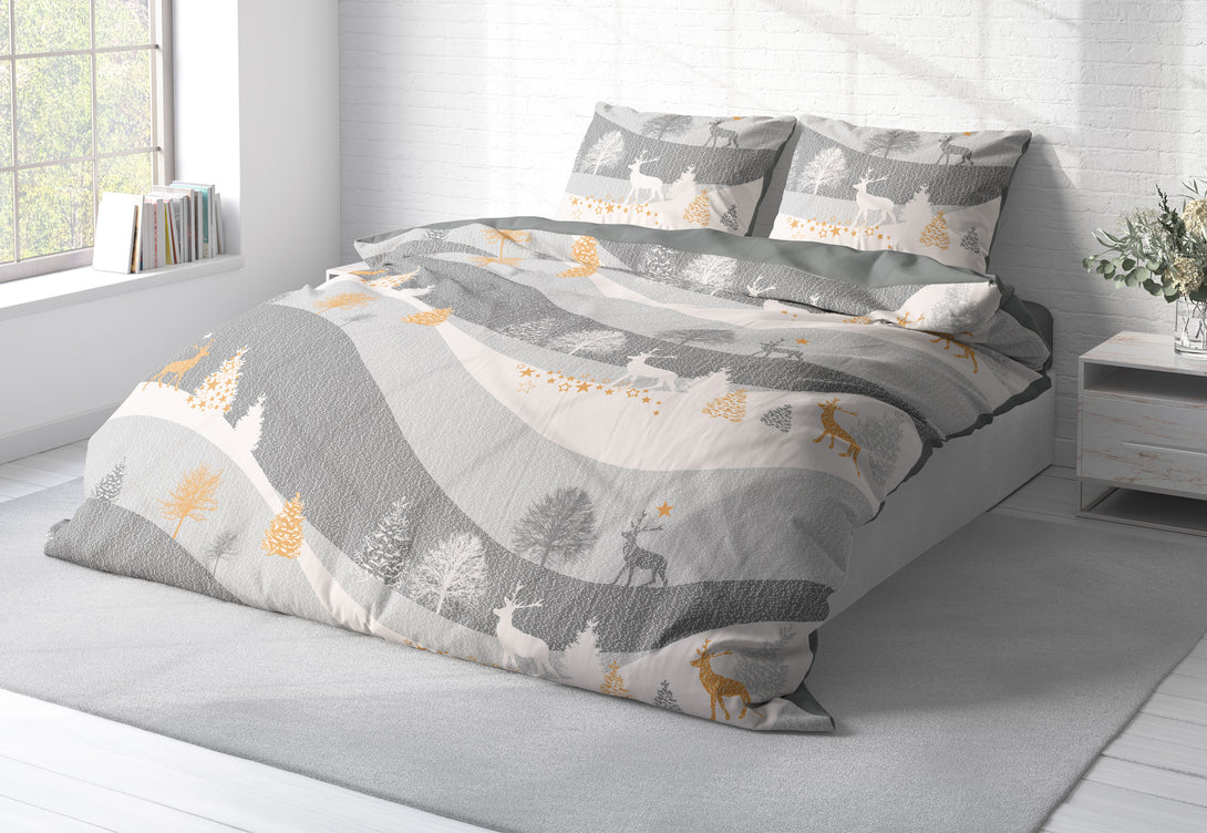 One Home Bettwäsche 200x220 cm Rentiere Winterlandschaft Biber Winter Flanell Baumwolle