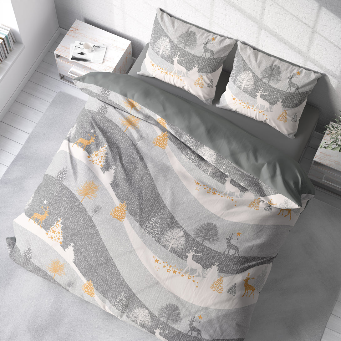 One Home Bettwäsche 200x220 cm Rentiere Winterlandschaft Biber Winter Flanell Baumwolle