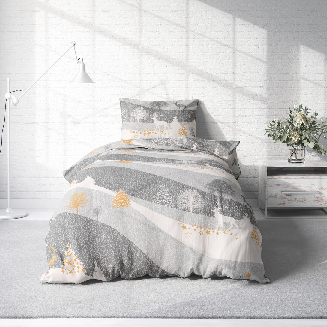 One Home Bettwäsche 155x220 cm Rentiere Winterlandschaft Biber Winter Flanell Baumwolle