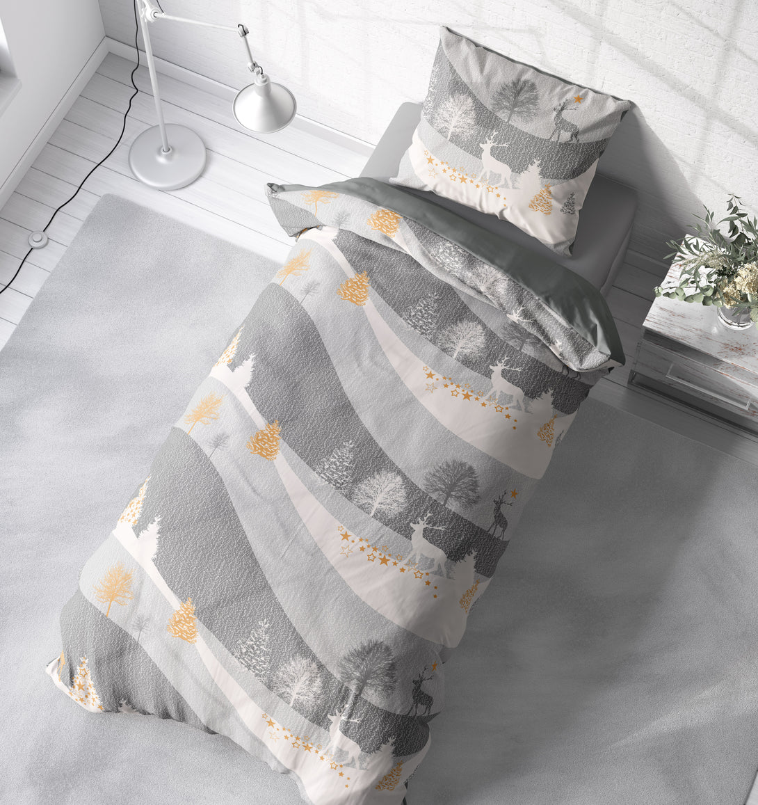 One Home Bettwäsche 155x220 cm Rentiere Winterlandschaft Biber Winter Flanell Baumwolle